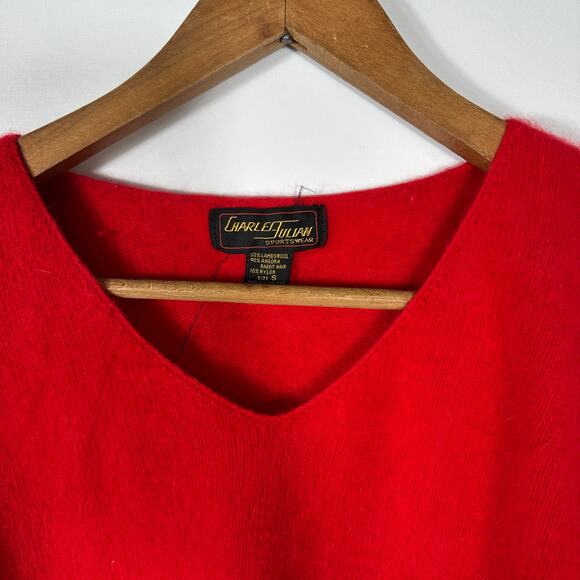 Vintage Charles Julian Red V-Neck Sweater S Lambswool Angora Blend Hong Kong - Picture 12 of 12